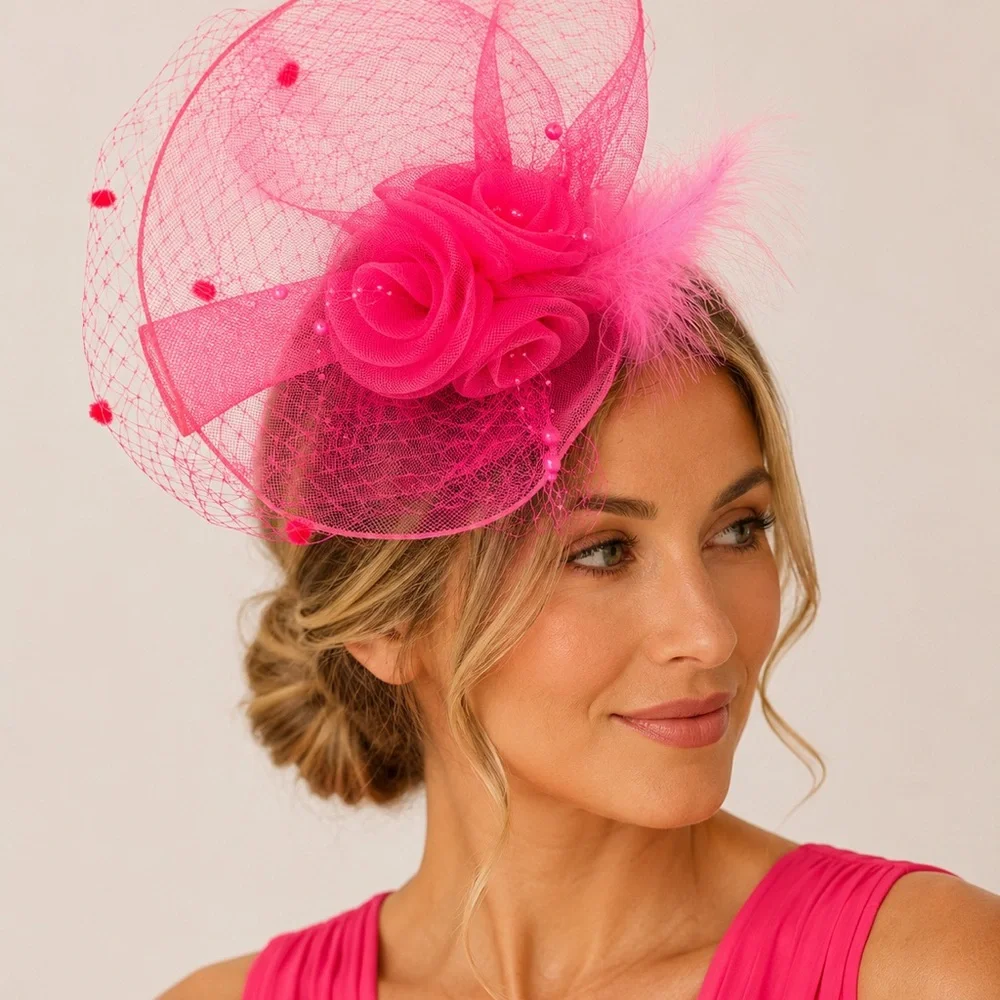 Hot Pink Fascinator Hat Mesh Feather Rose Kentucky Derby Tea Party. NEW